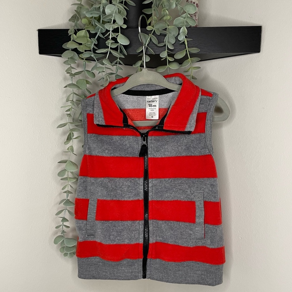 EUC Carter’s Striped Zipper Vest Red & Gray, 18 Month